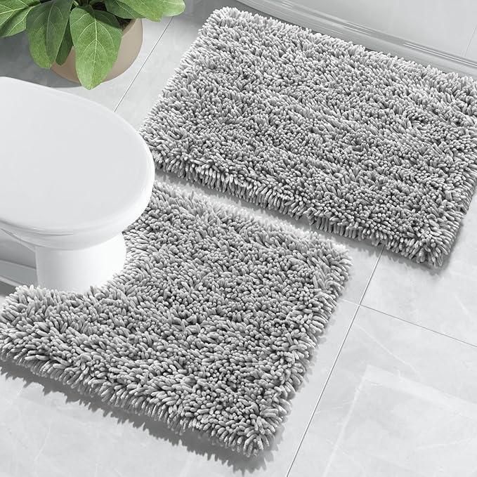 Yimobra Bathroom Rugs Sets 2 Piece, Soft Absorbent Bath Mat and U-Shaped Toilet Rug with Non Slip Backing, Luxury Shaggy Bath Mats for Bathroom, Machine Washable, 24"x17"+24"x20", Light Grey - ModernBath