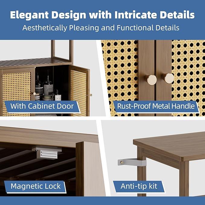 HITNET Rattan Bathroom Floor Cabinet, Freestanding Bamboo Storage Cupboard with 2 Doors, Living Room Sideboard, Space Saving, Walnut - ModernBath