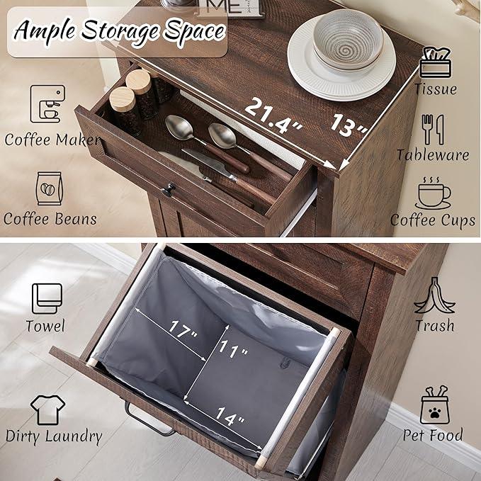 Tilt Out Laundry Hamper Cabinet, 10 Gallon Farmhouse Trash Can Cabinet with Drawer, Hidden Wood Garbage Can Bin Cabinet with Laundry Storage Basket for Bathroom, Kitchen, Brown - ModernBath