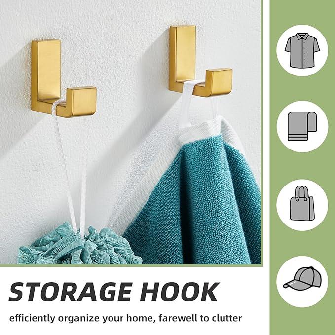 APLusee L Shape Bath Towel Hook 2 Pack, 304 Stainless Steel Coat Holder, Wall Mounted Storage Hanger for Bathroom Kitchen, Brushed Gold - ModernBath