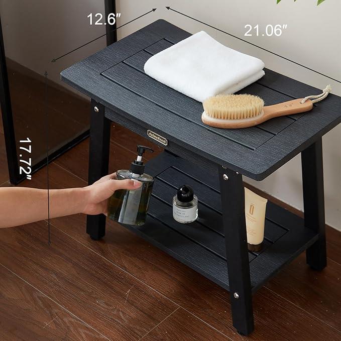 Large HDPS Shower Stool, Shower Bench for Inside to Sit On, Waterproof Bathroom Chair Seat for Shaving Legs, Foot Rest Stool with Storage Shelf, Non-Slip & No Maintenance, Black - ModernBath