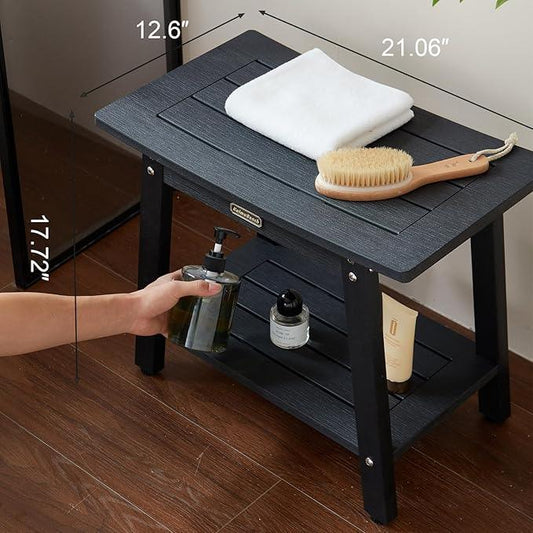 Large HDPS Shower Stool, Shower Bench for Inside to Sit On, Waterproof Bathroom Chair Seat for Shaving Legs, Foot Rest Stool with Storage Shelf, Non-Slip & No Maintenance, Black - ModernBath