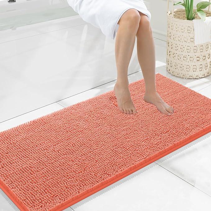 Smiry Luxury Chenille Bathroom Rugs 47x20, Extra Soft and Absorbent Shaggy Bath Mat, Machine Washable, Non-Slip Plush Carpet Runner for Tub, Shower, and Floor, Home Decor Accessories, Coral - ModernBath