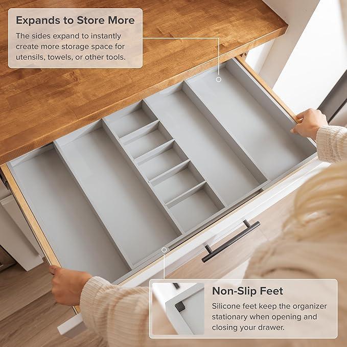 KitchenEdge Adjustable Kitchen Drawer Organizer for Utensils and Junk, Food-Safe Contract Grade with 100% Sustainable Wood, Expandable from 19 to 33 Inches Wide - Gray Bamboo - ModernBath