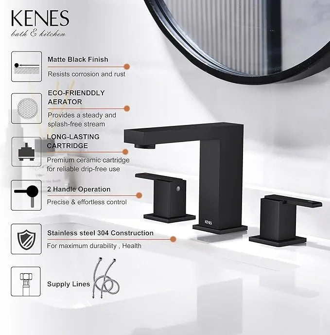 KENES Matte Black Widespread Bathroom Faucet Two Handle Bathroom Sink Faucets Black 3 Hole, 8-Inch 3 Pieces Bathroom Vanity Faucet Lavatory Faucet with Supply Lines, KE-9050-2 - ModernBath