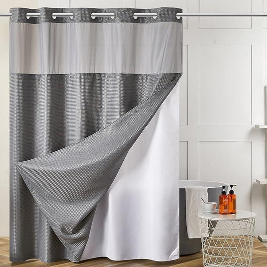 Furlinic Stall Size No Hook Shower Curtain with Snap in Liner,Waffle Weave Heavy Duty Fabric Bathroom Curtains with See Through Top Window,Waterproof & Machine Washable,Grey,36x72 Inch - ModernBath