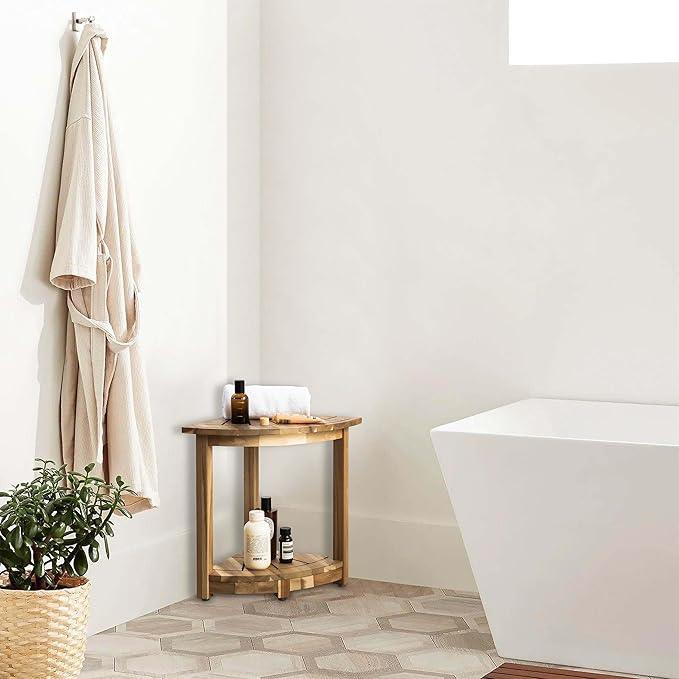 VICTORY RELAX Acacia Wood Corner Shower Stool - Waterproof Triangular Bathroom Bench with Storage Shelf & Soap Dish for Shaving, Light Natural Wood (17.9x12.7x16.5) - ModernBath