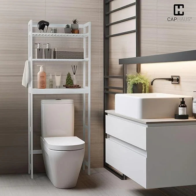 CAPHAUS Over The Toilet Storage Shelf,3-Tier Bathroom Organizer Shelf Rack Over Toilet with Hooks & Adjustable Feet,Freestanding Toilet Shelf, Bathroom & Laundry Organizer,Balcony Plant Stand, White - ModernBath