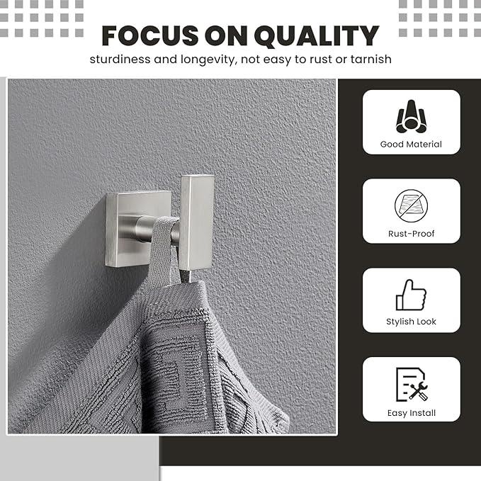 Suyar Brushed Nickel Towel Hook, SUS 304 Stainless Steel Clothes Coat Robe Holder for Bathroom, Hand Towel Hanger, Wall Mounted - ModernBath