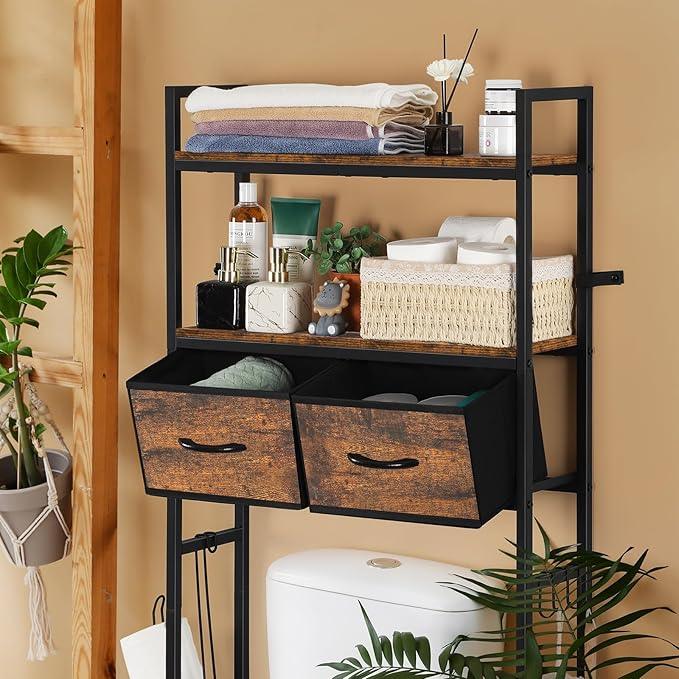 YBING Over The Toilet Bathroom Storage Cabinet for Freestanding, Above Toilet Shelf with Fabric Drawer, Tall Bathroom Shelf Organizer with Toilet Paper Holder, Brown - ModernBath
