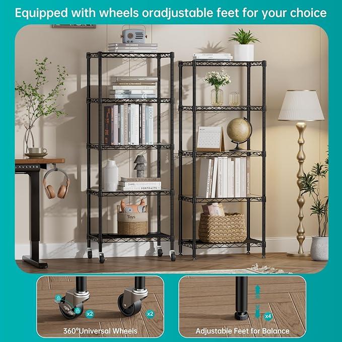 SINGAYE 5 Shelves Storage Shelf Wire Closet Bathroom Organizers Metal Pantry Kitchen Small Garage Shelving Unit Laundry Room Organization Home Narrow Rack Net Basket with Wheels Black - ModernBath