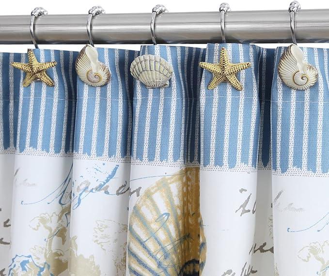 Coastal Seashell Shower Curtain Hooks, Under The Sea Beach Starfish Bathroom Shower Curtain Hooks Rust Proof, 5 Roller Ring Balls Decorative Shower Hooks for Shower Curtain, Set of 12 - ModernBath