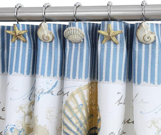 Coastal Seashell Shower Curtain Hooks, Under The Sea Beach Starfish Bathroom Shower Curtain Hooks Rust Proof, 5 Roller Ring Balls Decorative Shower Hooks for Shower Curtain, Set of 12 - ModernBath