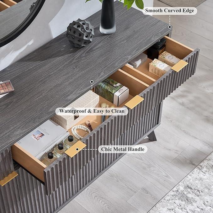 OKD Fluted Storage Cabinet with Drawers, 60" Morden Buffet Sideboard Coffee Bar Cabinet with 4 Doors and 3 Drawers for Dining Room, Living Room,Hallway (Dark Alder) - ModernBath