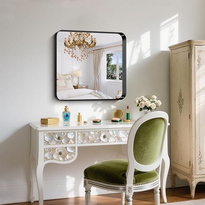 FORBATH 24x24 Inch Bathroom Mirror for Wall, Black Metal Framed Vanity Mirrors for Over Sink,Rounded-Corner Rectangle Mirror for Bedroom Living Room Kitchen Entryway Hallway, Anti-Rust - ModernBath
