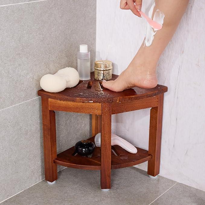 HouseJoy Corner Shower Bench with Shelf, Corner Shower Stool for Shaving Legs, Shower Foot Rest Waterproof Bathroom Bench -Bath Seat, Spa Foot Rest Shaving Stool Corner - ModernBath