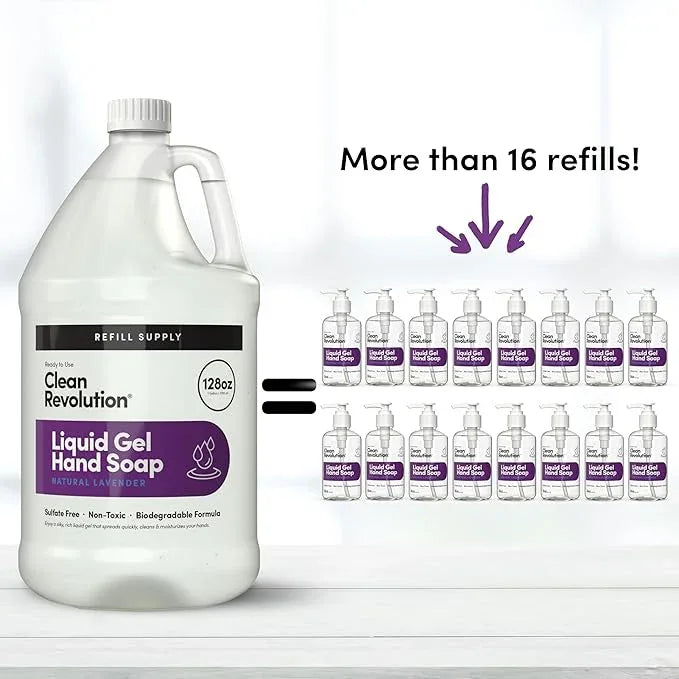 Clean Revolution Liquid Gel Hand Soap, Silky Rich Liquid, Quick Lather, Fast Rinsing, Contains Real Essential Oils (Natural Lavender) 128 Fl Oz - ModernBath