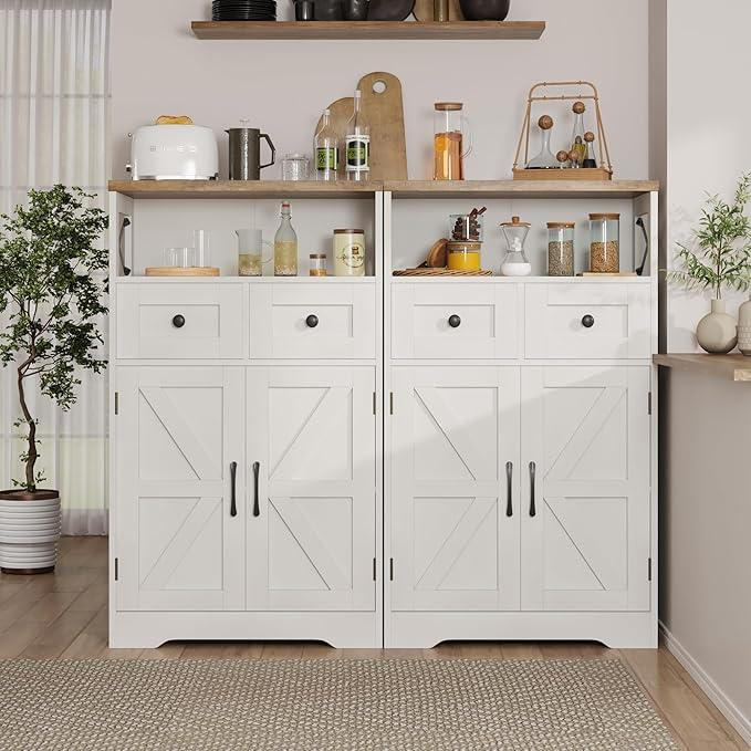Farmhouse Storage Cabinet with Barn Doors and Shelves, Farmhouse Kitchen Pantry, Small Tall Coffee Bar Cabinet with Storage, Hutch Cupboard for Bathroom, Laundry, Living Room,White - ModernBath