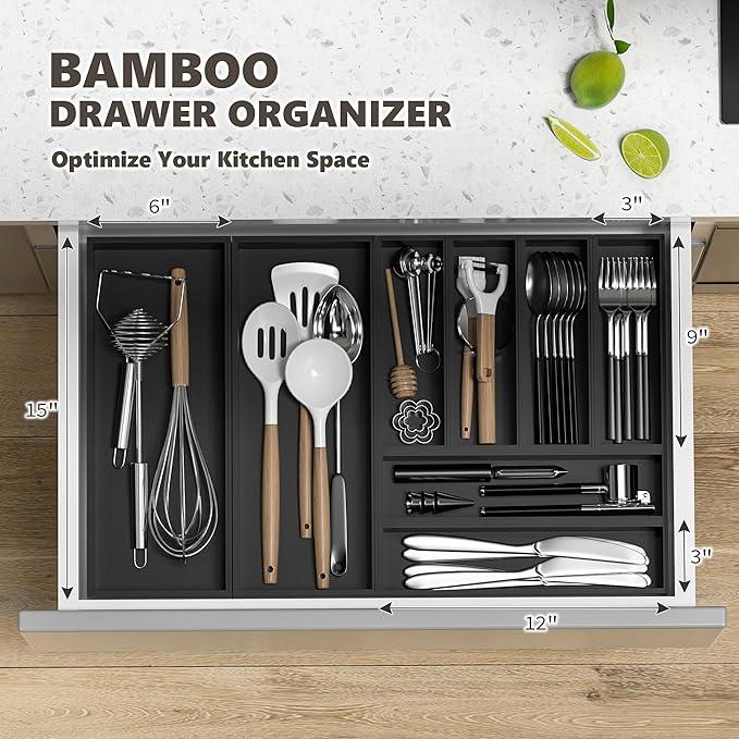 Kitchen Drawer Organizer Tray, Stackable Black Bamboo Drawer Organizer for Large Silverware, Utensils, Cutlery, Flatware, Junk, Dresser, Bathroom, 17" x 6" x 2.5" (Set of 2) - ModernBath