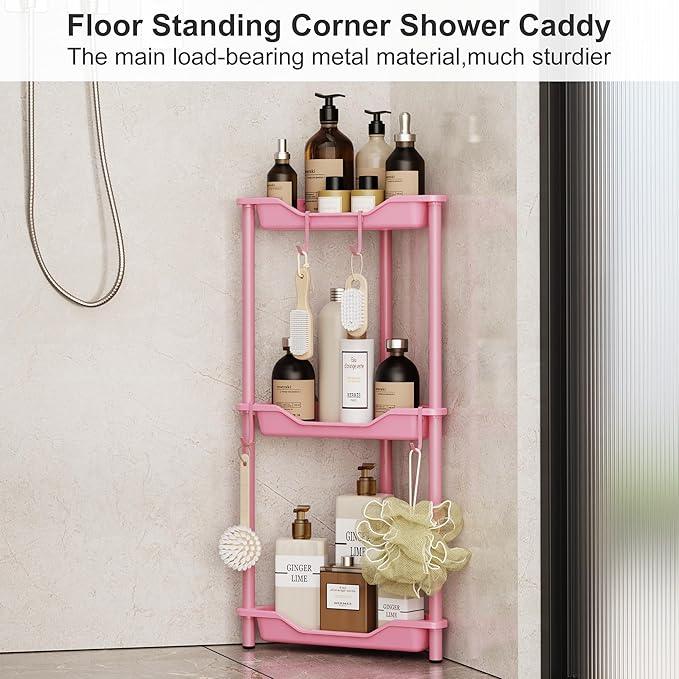 Orimade Rustproof 3 Tier Floor Standing Corner Shower Caddy Organizer, Plastic Metal Splicing Floor Corner Shelf Rack Stands for Bathroom, Pink - ModernBath