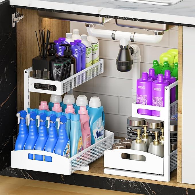 Metal Under Sink Organizer, Pull Out Cabinet Organizer Rack with Silk-Smooth Bottom Drawer, 5-Level Adjustable, Multi-Purpose Storage Shelf for Bathroom, Kitchen, Vanity, Pantry (2-Pack) - ModernBath