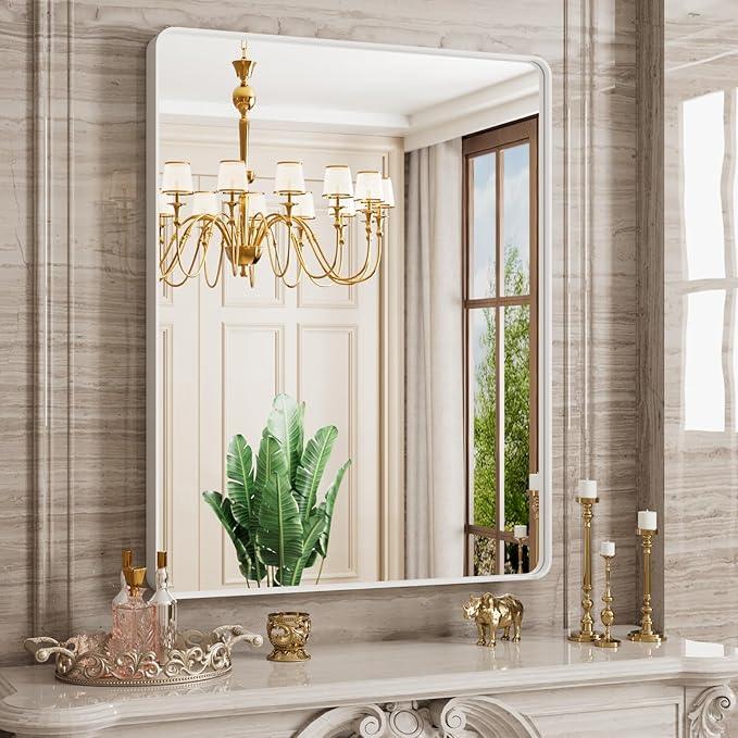 JISOSO White Bathroom Mirror 28x36 Inch, White Metal Framed Bathroom Mirror for Wall, Rounded Rectangle Matte Bathroom Vanity Mirror, Tempered Glass, Anti-Rust, Horizontal/Vertical - ModernBath