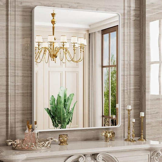 JISOSO White Bathroom Mirror 28x36 Inch, White Metal Framed Bathroom Mirror for Wall, Rounded Rectangle Matte Bathroom Vanity Mirror, Tempered Glass, Anti-Rust, Horizontal/Vertical - ModernBath