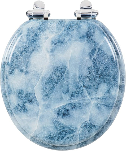 Angol Shiold Round Toilet Seat Molded Wood Toilet Seat with Quietly Close and Quick Release Hinges, Easy to Install also Easy to Clean (Round, Blue Marble)