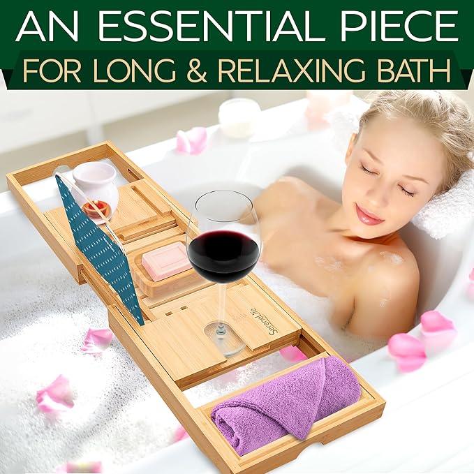 SereneLife Premium Bathtub Tray Caddy with Gift Box and Bow Set, Expandable Bath Tray, Unique House Warming Gifts for Mom, Women, Wedding, Anniversary, Bridal Shower, Fit for All Tub - Classic - ModernBath