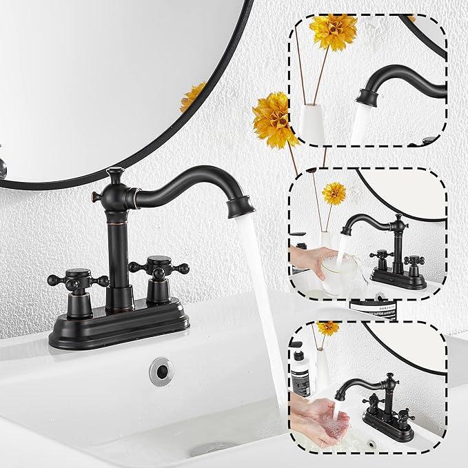 Bathroom Faucet Oil Rubbed Bronze GGStudy 2 Handles 4 Inches Centerset Bathroom Vanity with Drain Assembly and Supply Hose Lavatory Mixer Double Handle Tap - ModernBath