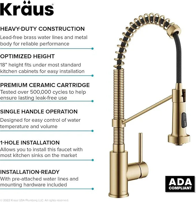 KRAUS Bolden Commercial Style 2-Function Single Handle Pull Down Kitchen Faucet in Spot-Free Brushed Brass, KPF-1610BB - ModernBath