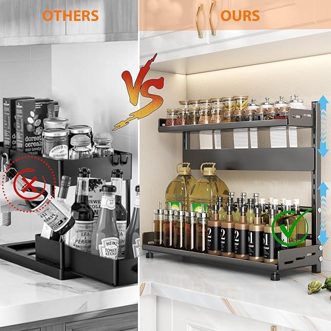 Spice Rack Organizer for Countertop, 2-Tier Height-Adjustable Spice Rack Organizer, Metal Standing Kitchen Counter Organizer with Guardrail & Knife Block for Kitchen Cabinet - ModernBath