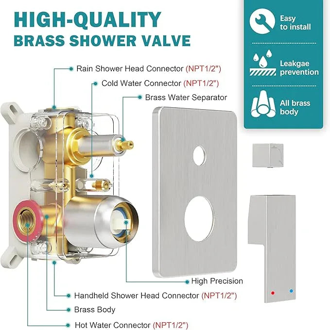 HoliSpa Shower System, Brushed Nickel Shower Faucet Set with 12-Inch Rain Showerhead and Handheld Spray, Wall Mounted High-Pressure Showerhead Combo Set Included Valve and Trim, Brushed Nickel - ModernBath