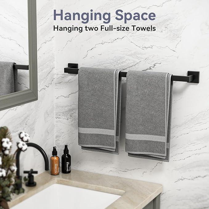 Matte Black Towel Bar, 24 Inch Bathroom Towel Rack, Towel Holder Wall Mounted, Square Base Thicken SUS304 Stainless Steel Towel Rod Modern Home Decor (Total Length 26-Inch) - ModernBath