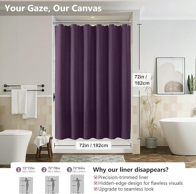 Luxury 3 in 1 Shower Curtain Set 3D Textured Waffle Weave Bathroom Curtain with Waterproof SGS Certified Fabric Liner & 12 Anti-Fall Stainless Steel Hooks, Machine Washable 72"x72" (Purple) - ModernBath