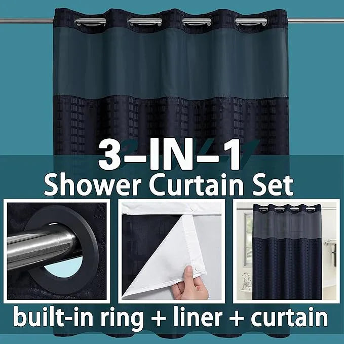 Conbo Mio Extra Long No Hook Shower Curtain with Snap in Liner Set, Hotel Luxury Black Shower Curtains for Bathroom with See Through Top Window, Waterproof, Washable 71W x 84H - ModernBath