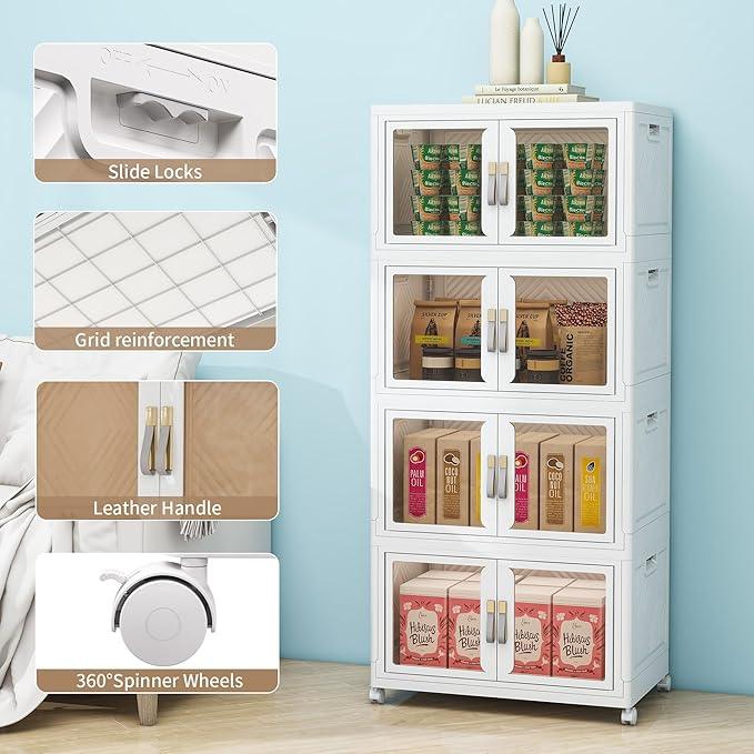 Large Clear Stackable Storage Bins with Lids, 180QT-45QT*4Tier Foldable Cabinet for Closet Organizers, Plastic Storage Box with Wheels White - ModernBath