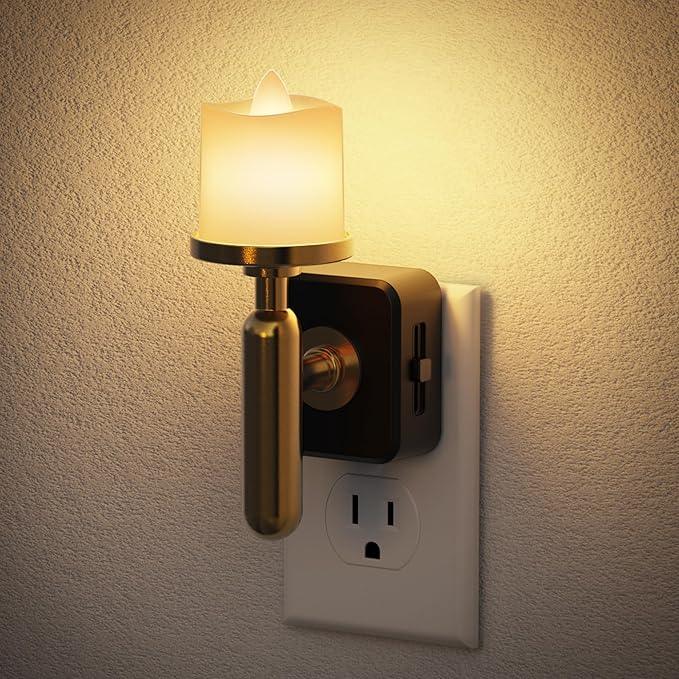 JandCase Candle Night Light, Night Lights Plug into Wall, 3000K Soft White, 0-100LM Adjustable Brightness, Dusk to Dawn Sensor NIghtlight for Dinning Room, Living Room, Bathroom, Hallway - ModernBath