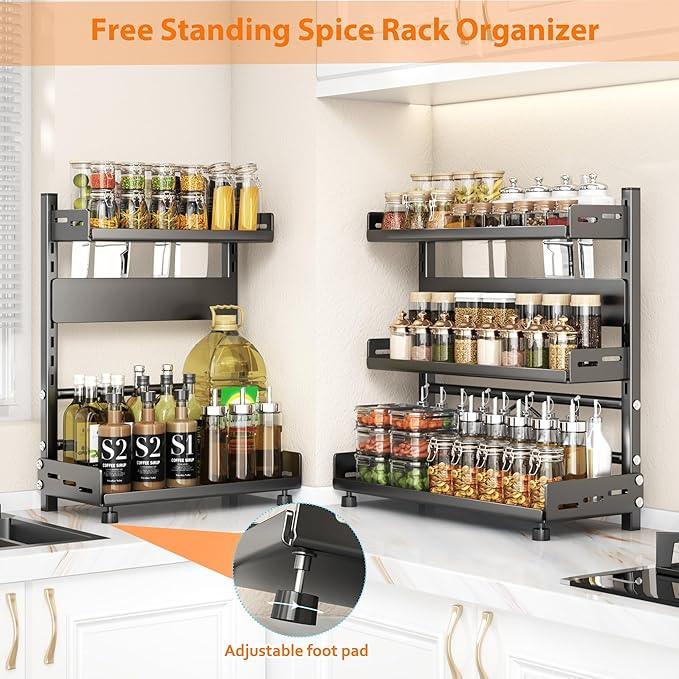 Spice Rack Organizer, 3-Tier Height-Adjustable Kitchen Countertop Spice Organizer Shelf, Metal Rust-Proof Standing Large Seasoning Organizer with Guardrail & Knife Block for Kitchen Bathroom - ModernBath