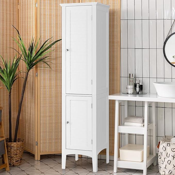 Giantex Storage Cabinet Bathroom High Cabinet with 5 Tier Storage Shelves, Freestanding Slim Cabinet, Tall Organizer for Kitchen, Living Room, Linen Tower Narrow Floor Cabinet (White) - ModernBath