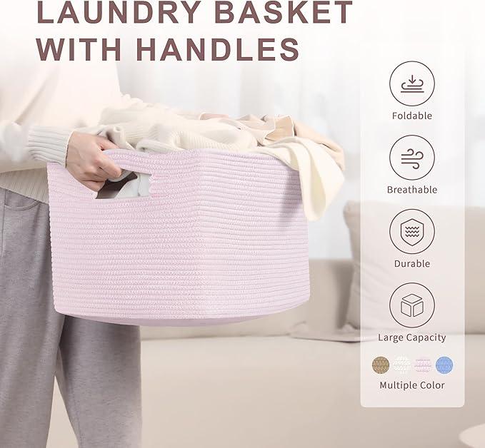 45L Small Baby Girls Laundry Basket for Nursery Storage,Cute Woven cotton Rope Baskets for Kids Toy，Gifts, Boho Square Wicker Blanket hamper for Living Room,Bedroom Dirty Clothes,Pink - ModernBath