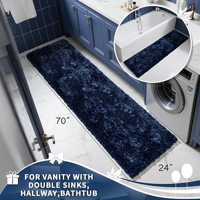 Yimobra Long Bathroom Rugs Runner 70x24 Inch, Extra Thick Soft Absorbent Chenille Bath Mat, Non Slip Machine Washable, Quick Dry Bath Rugs for Bathroom Floor, Tub and Shower, Navy Blue - ModernBath