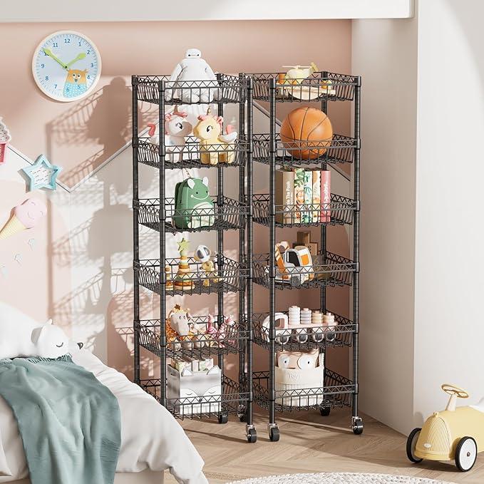 6 Shelves Storage Shelf Wire Closet Bathroom Organizers Metal Pantry Kitchen Garage Shelving Unit Laundry Room Organization Home Rack Net Basket Black with Wheels 14" Dx14 Wx64.8 H - ModernBath