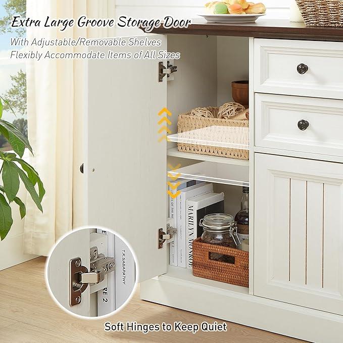 Farmhouse 58" Buffet Cabinet with Storage, 34" Tall Coffee Bar Cabinet w/2 Large Drawers & 4 Grooved Barn Doors, Wood Rustic Sideboard Buffet Cabinet for Dinning Room, Kitchen, Living Room,White - ModernBath