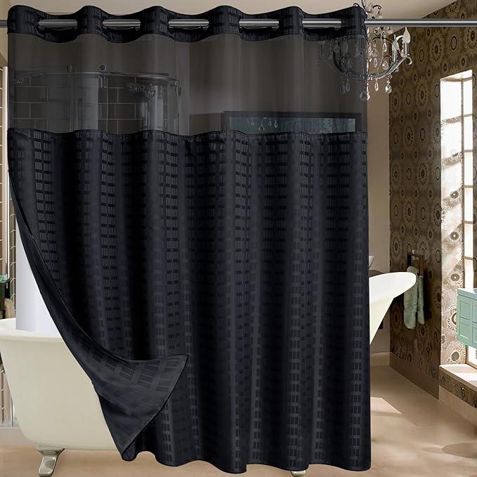 Conbo Mio Extra Wide No Hook Shower Curtain with Snap in Liner Set, 108" x 74" Hotel Luxury Black Shower Curtains for Bathroom with See Through Top Window, Waterproof, Washable 108W x 74H - ModernBath