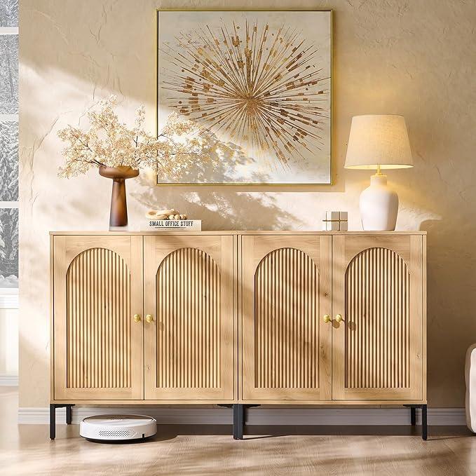 Bathroom Cabinet with Storage, 61.75" W Fluted Arched Free Standing Floor Cabinet w/Adjustable Shelves, Modern Sideboard Cabinet for Bathroom, Kitchen, Living Room, Entryway, Natural - ModernBath