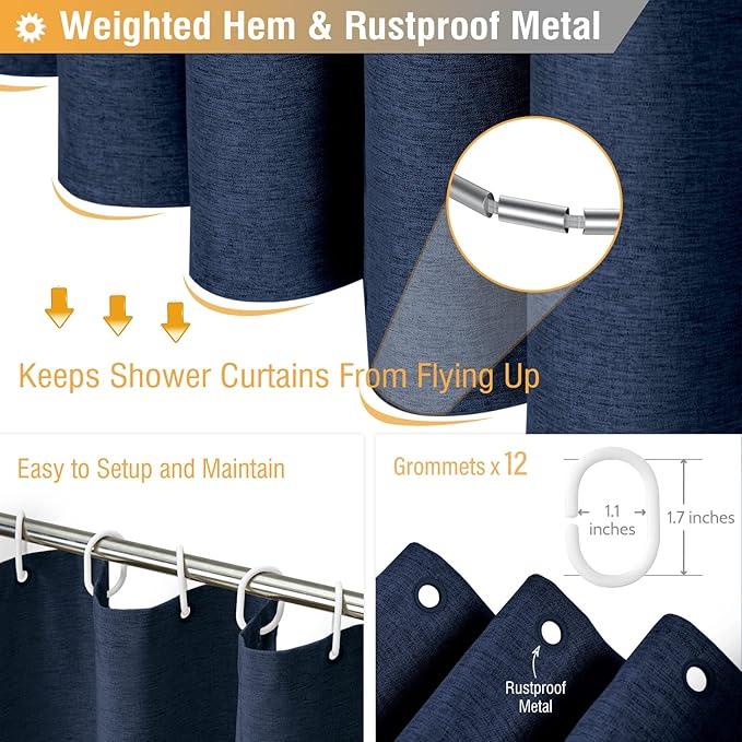 BTTN Blue Extra Long Shower Curtain, 72x96 Inch Long Linen Textured Heavy Duty Fabric Shower Curtain Set with 12 Hooks, Tall Decorative Neutral Waterproof Cloth Shower Curtain for Bathroom, Navy Blue - ModernBath