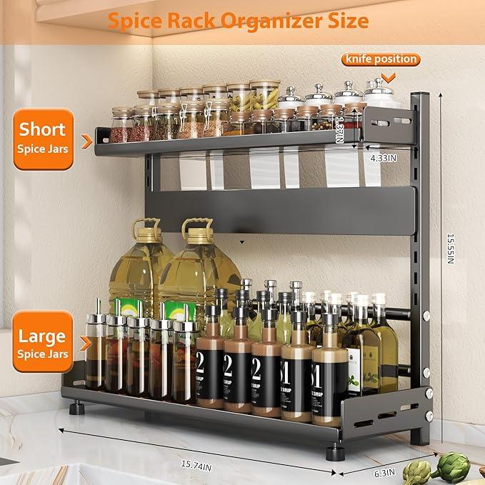 Spice Rack Organizer for Countertop, 2-Tier Height-Adjustable Spice Rack Organizer, Metal Standing Kitchen Counter Organizer with Guardrail & Knife Block for Kitchen Cabinet - ModernBath