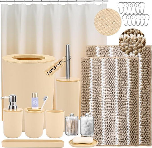 SLDIYWOW Beige Bathroom Accessories Set, Bathroom Sets with Shower Curtain and Rugs for Home Decor/Housewarming - ModernBath