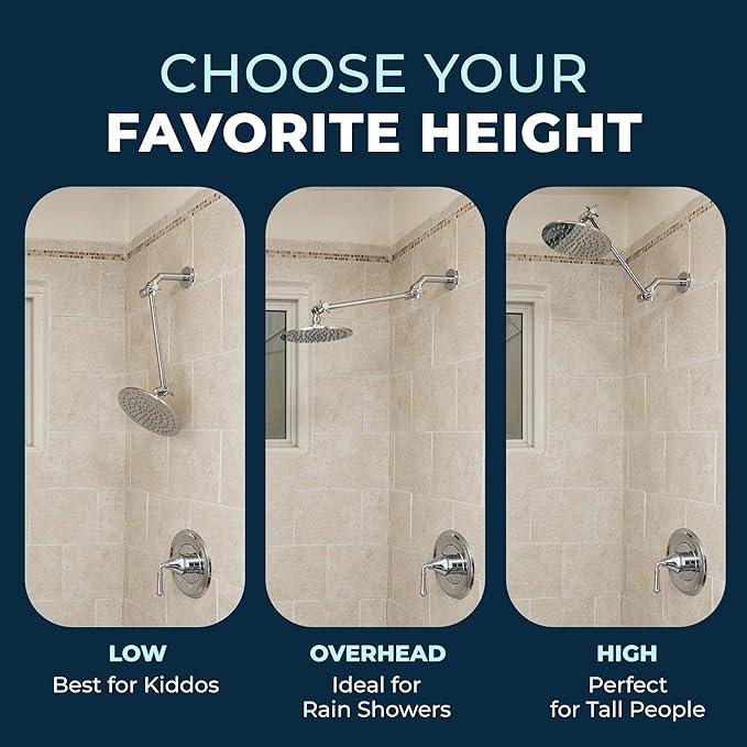 HammerHead Showers® Solid Metal 12-Inch Adjustable Shower Extension Arm – Raises Showerhead Height, Supports up to 10lbs – Chrome - ModernBath